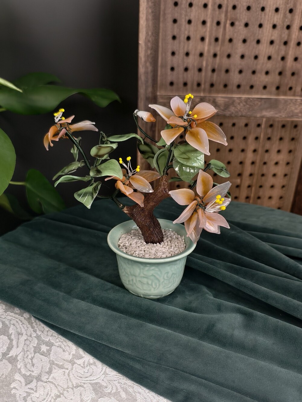 Small Vintage Chinese Glass "Jade" Flower Tree — Peach Star Lily Blooms